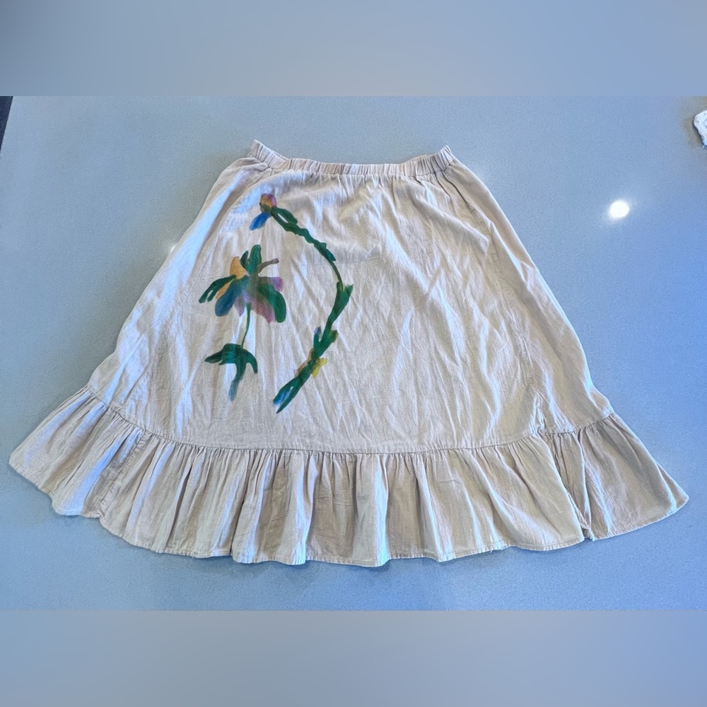 Vintage Floral Print Cream Beige Skirt bottom ruffle elastic waist Sz Medium